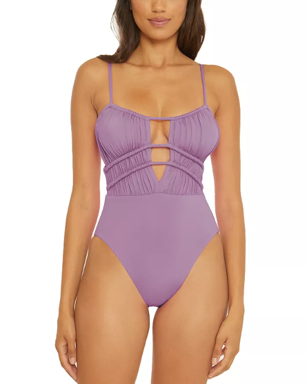 BECCA Color Code Sarai Plunge One Piece Swimsuit Medium Purple Cut Out NWT